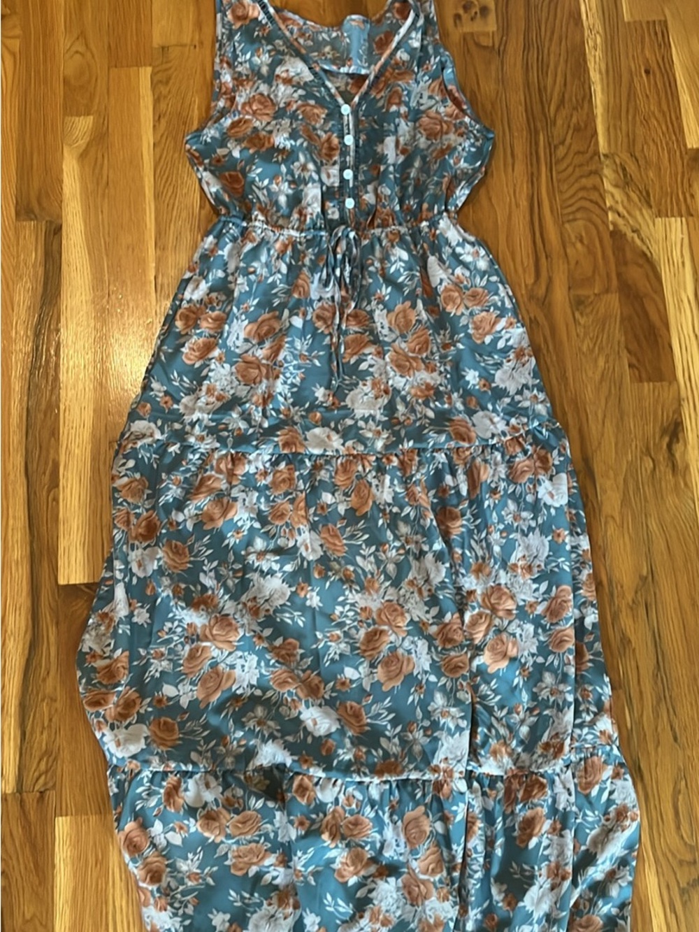 Woman’s Blue Floral Maxi Dress with Brown Rose Print